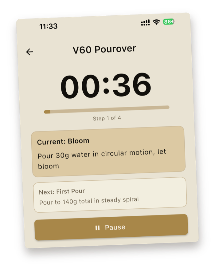 Gramage app showing an active V60 pour-over timer with guided brew steps
